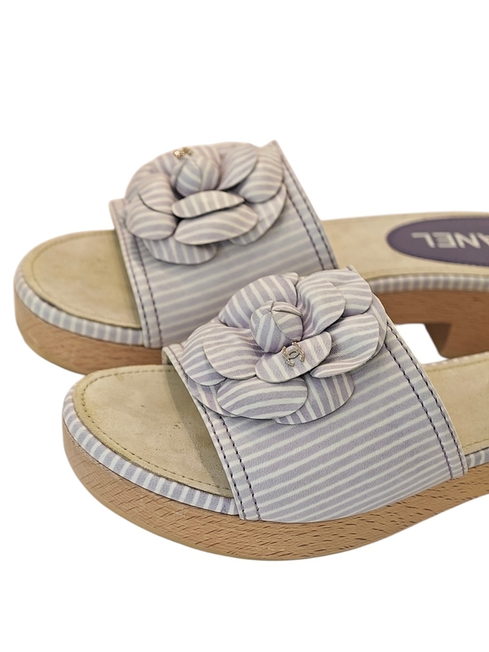 Chanel Viloet stripe Lambskin Leather Camellia Slide - Picture 9 of 11